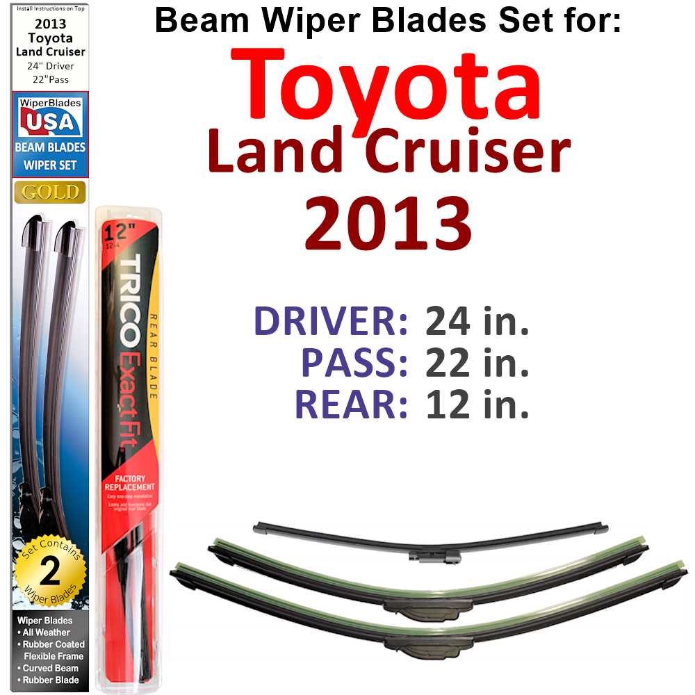 Set of 3 Beam Wiper Blades designed for 2013 Toyota Land Cruiser, showcasing their flexible and durable construction.