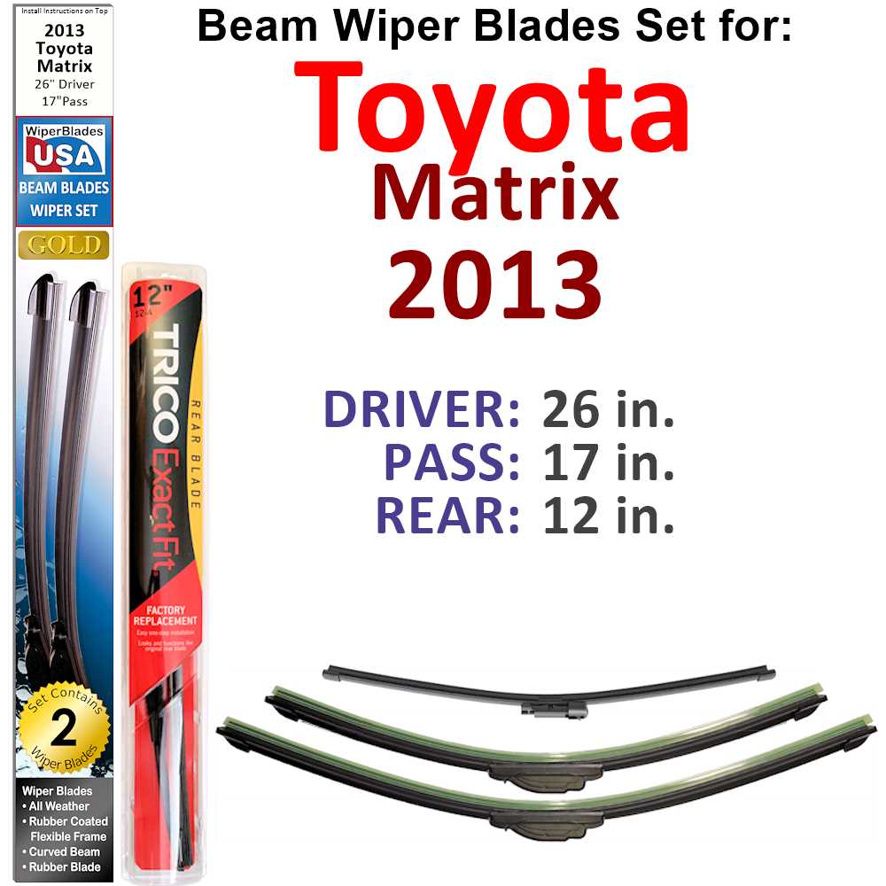 Set of 3 Beam Wiper Blades designed for 2013 Toyota Matrix, showcasing their flexible and durable construction.