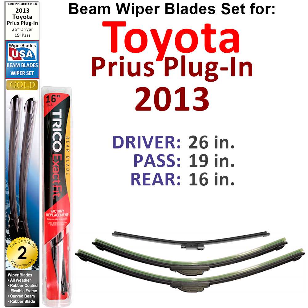 Set of 3 Beam Wiper Blades designed for 2013 Toyota Prius Plug-In, showcasing their flexible and durable construction.