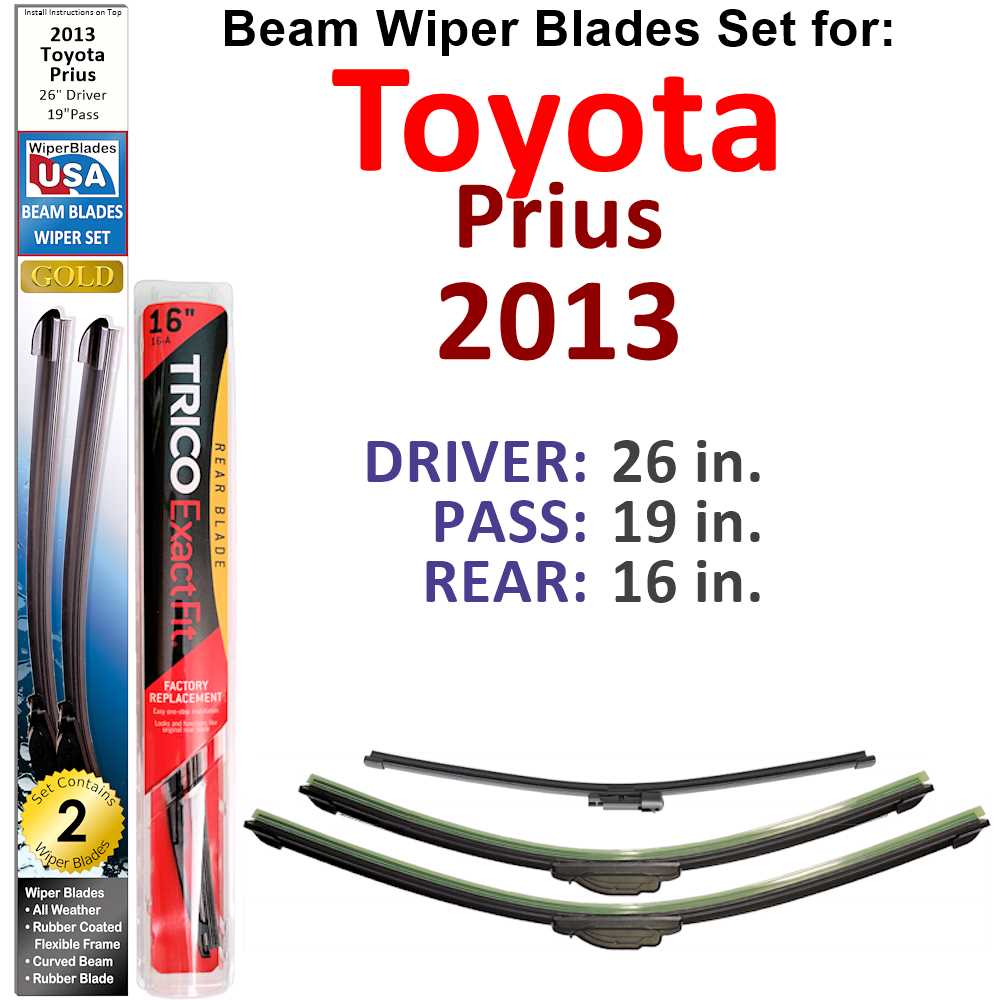 Set of 3 Beam Wiper Blades designed for 2013 Toyota Prius, showcasing their flexible and durable construction.