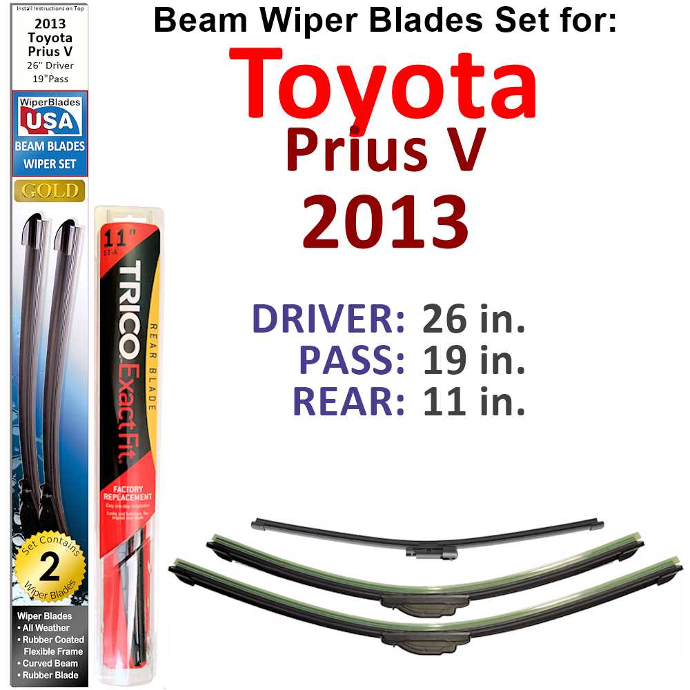 Set of 3 Beam Wiper Blades designed for 2013 Toyota Prius V, showcasing their flexible and durable construction.