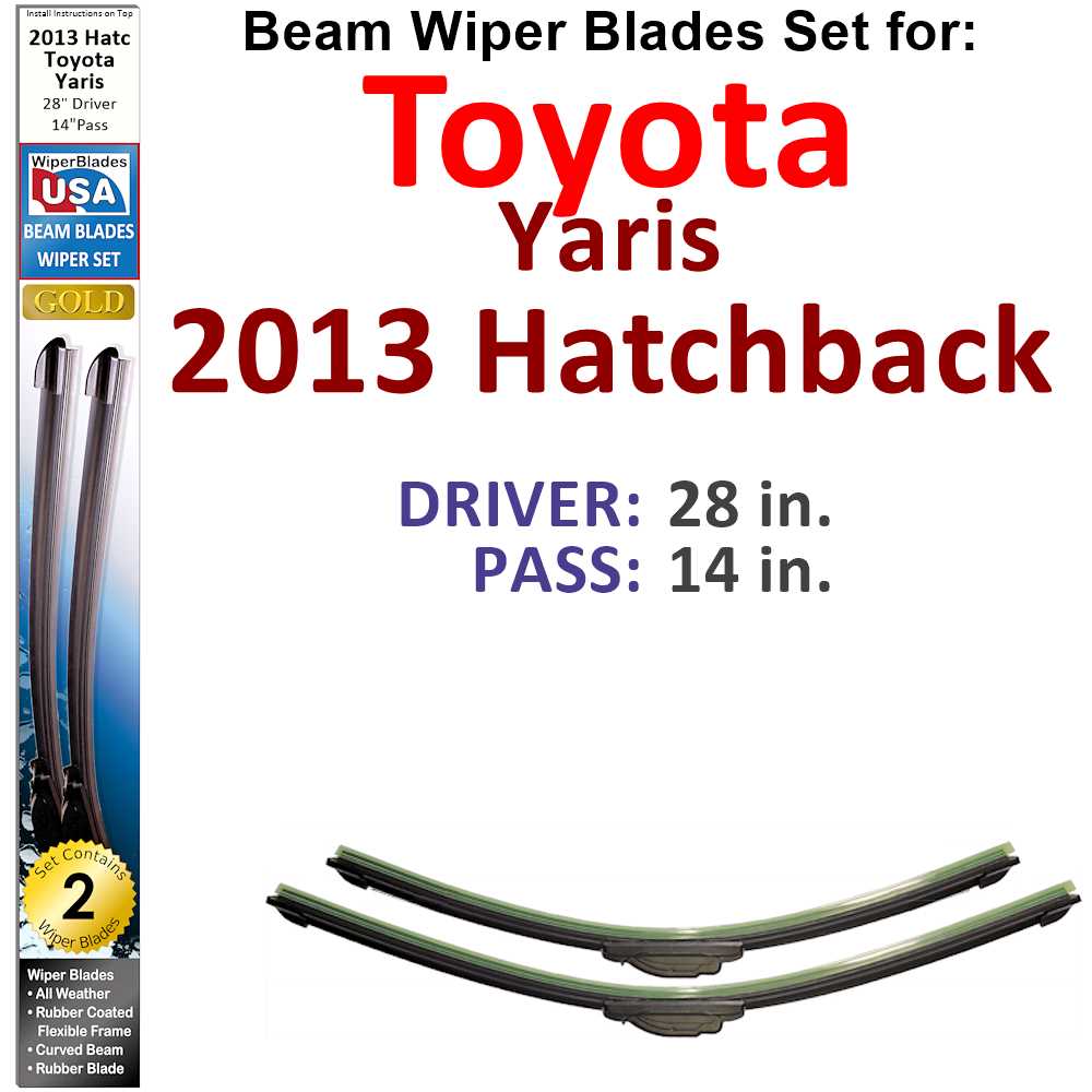 Set of two Beam Wiper Blades designed for 2013 Toyota Yaris Hatchback, showcasing their flexible and durable construction.