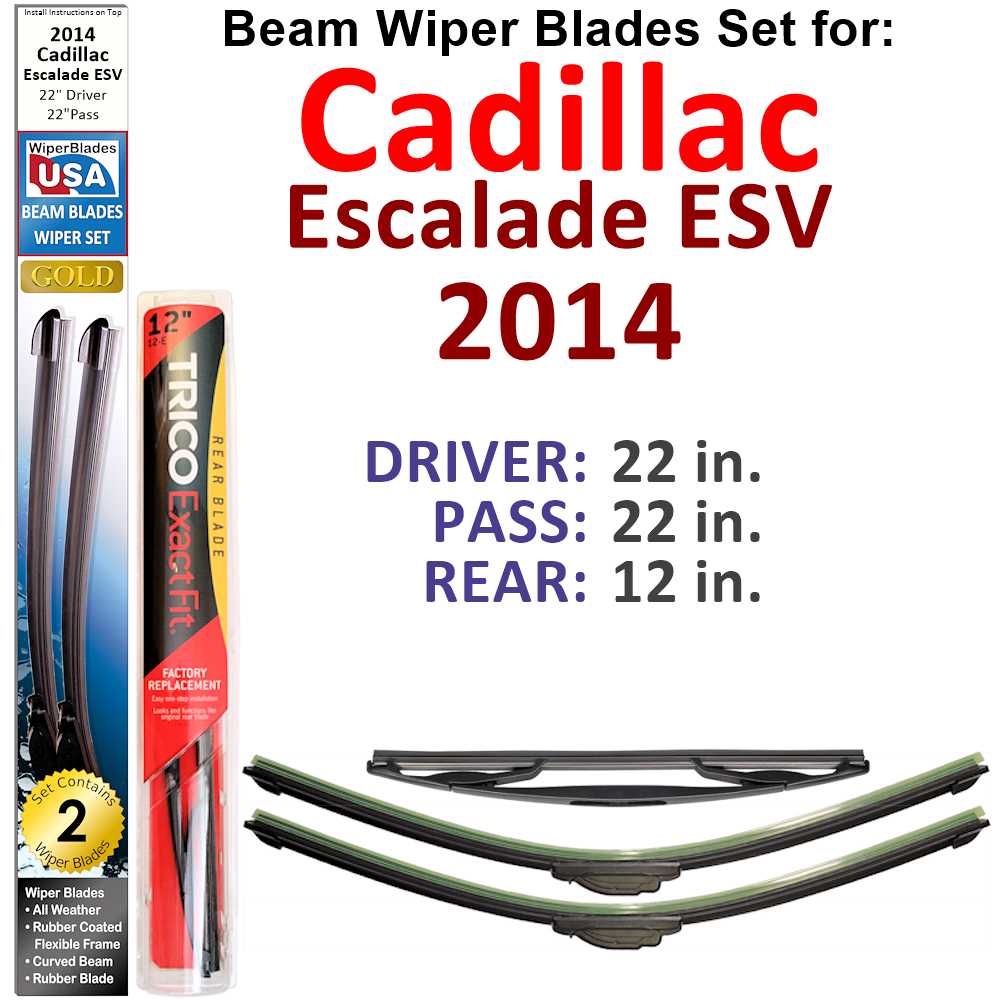 Set of 3 Beam Wiper Blades designed for 2014 Cadillac Escalade ESV, showcasing their flexible and durable construction.