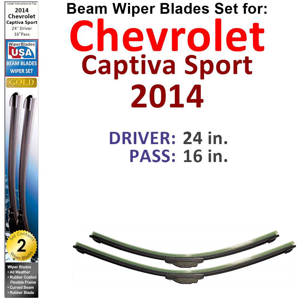 Set of two Beam Wiper Blades designed for 2014 Chevrolet Captiva Sport, showcasing their flexible and durable construction.