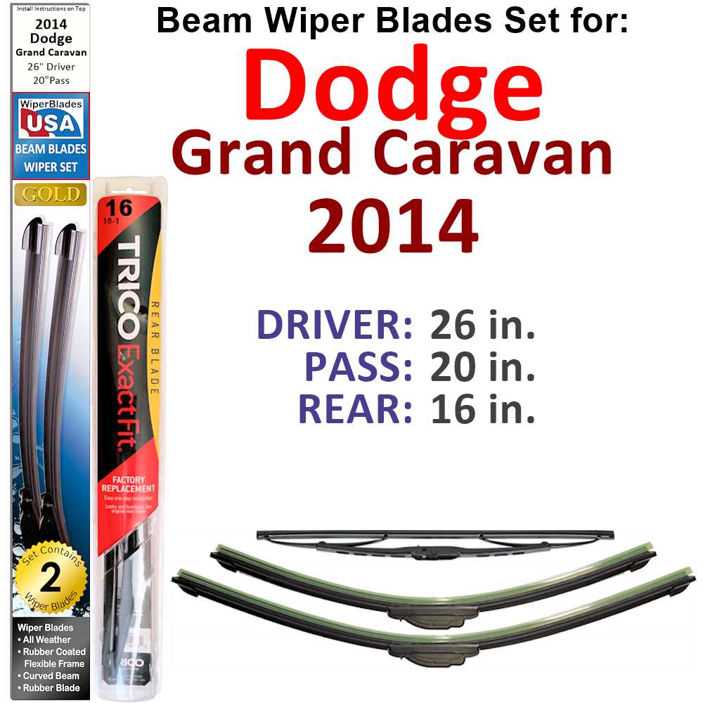 Set of 3 Beam Wiper Blades designed for 2014 Dodge Grand Caravan, showcasing their flexible and durable design.