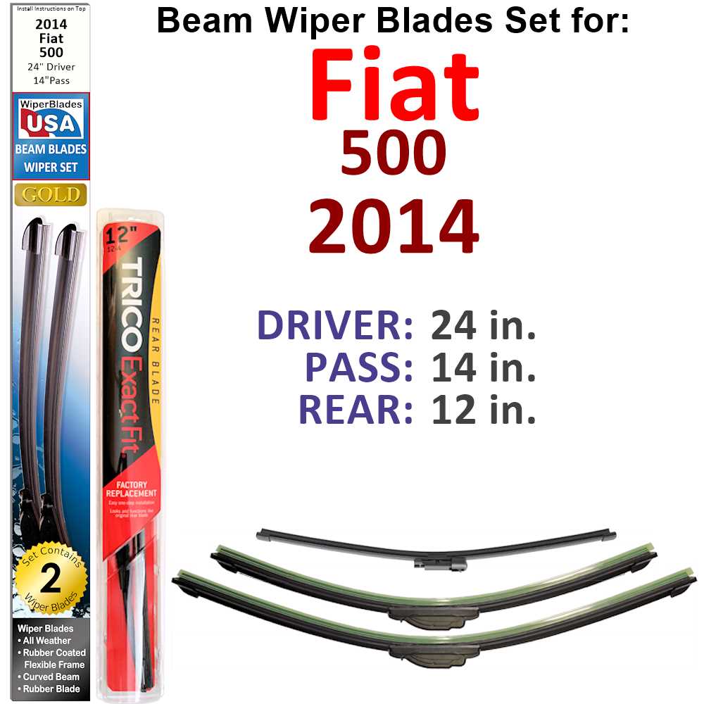 Set of 3 Beam Wiper Blades designed for 2014 Fiat 500, showcasing their flexible and durable construction.