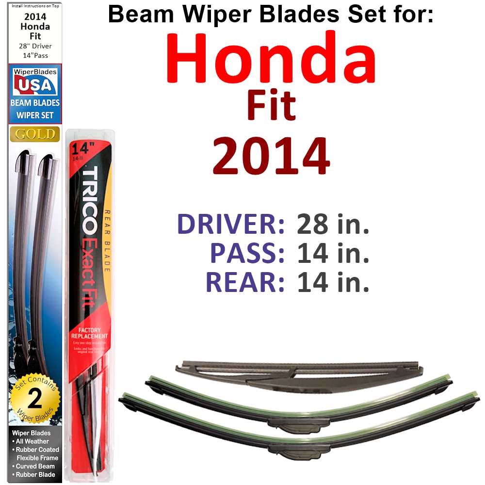 Set of 3 Beam Wiper Blades designed for 2014 Honda Fit, showcasing their sleek low-profile design and durable rubber construction.