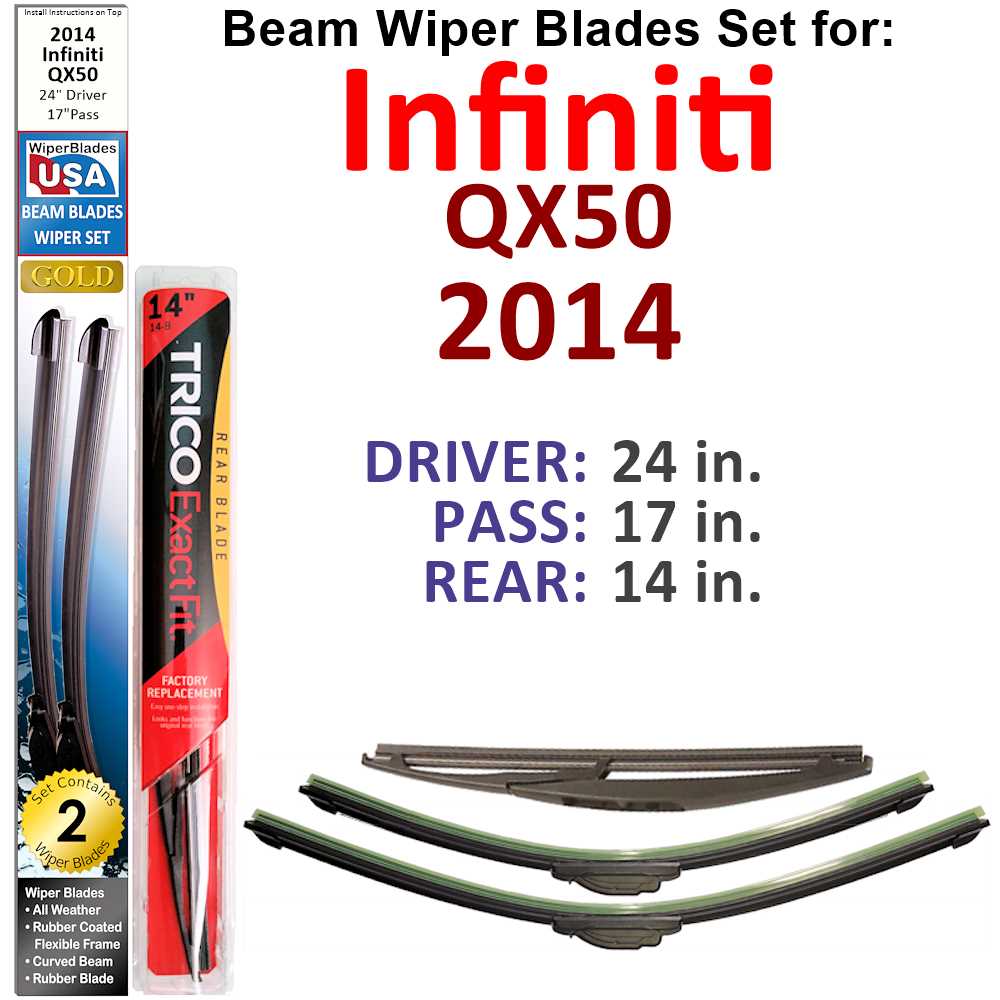 Set of 3 Beam Wiper Blades designed for 2014 Infiniti QX50, showcasing their flexible and durable construction.