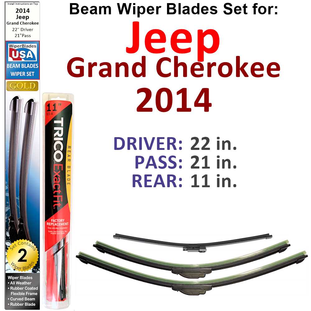 Set of 3 Beam Wiper Blades designed for 2014 Jeep Grand Cherokee, showcasing their flexible and durable construction.