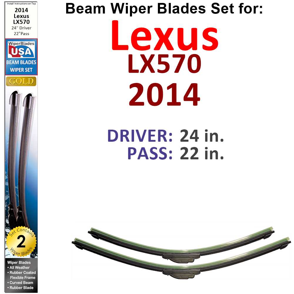 Set of two Beam Wiper Blades designed for 2014 Lexus LX570, showcasing their flexible and sealed construction for optimal windshield contact.