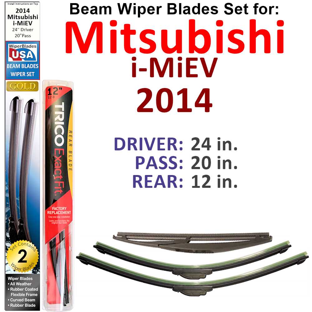 Set of 3 Beam Wiper Blades for 2014 Mitsubishi i-MiEV, showcasing their flexible design and durable construction.