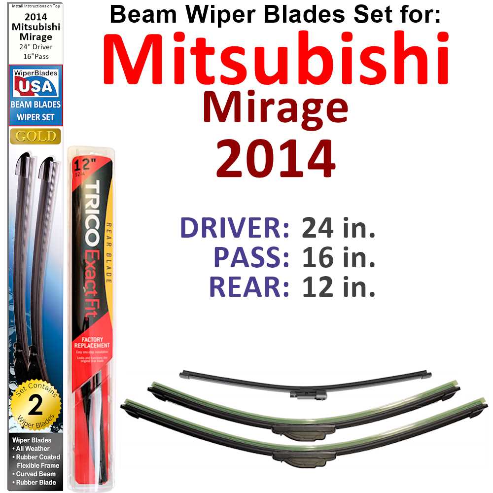 Set of 3 Beam Wiper Blades designed for 2014 Mitsubishi Mirage, showcasing their sleek design and durable construction.