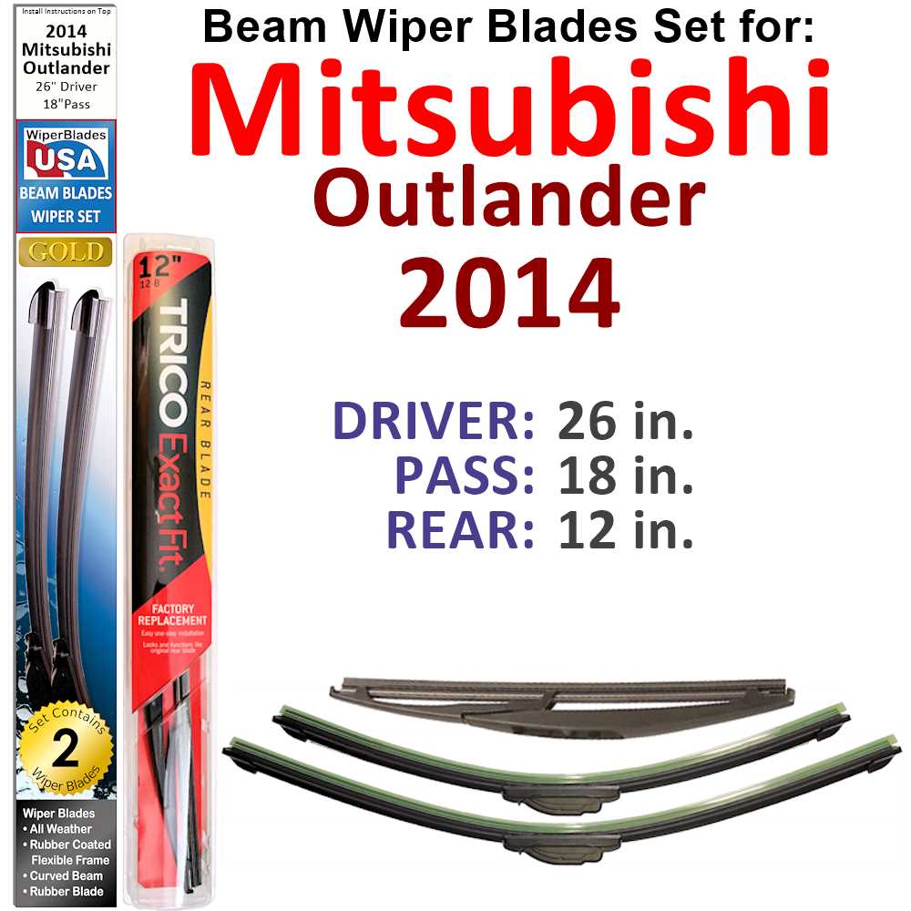 Set of 3 Beam Wiper Blades designed for 2014 Mitsubishi Outlander, showcasing their flexible and durable design.