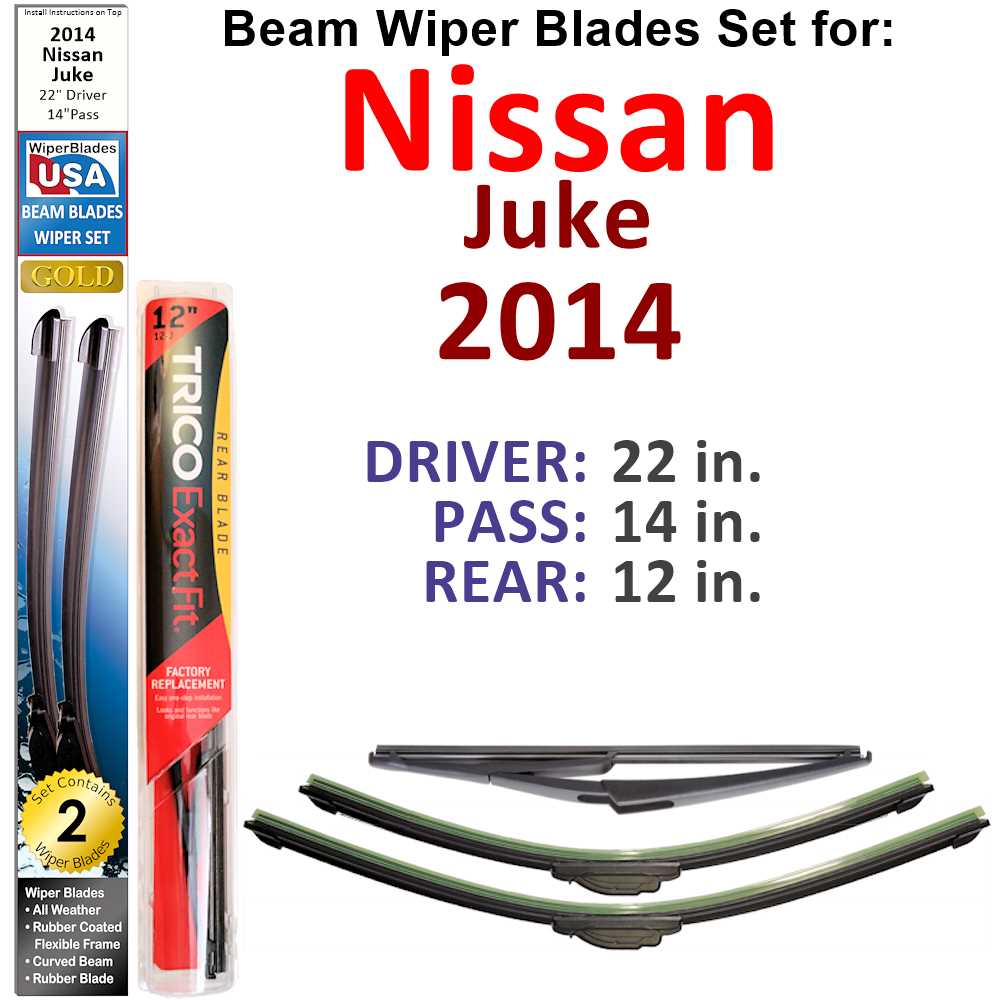 Set of 3 Beam Wiper Blades designed for 2014 Nissan Juke, showcasing their flexible and low-profile design.