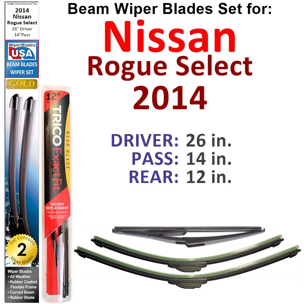 Set of 3 Beam Wiper Blades designed for 2014 Nissan Rogue Select, showcasing their flexible and durable design.