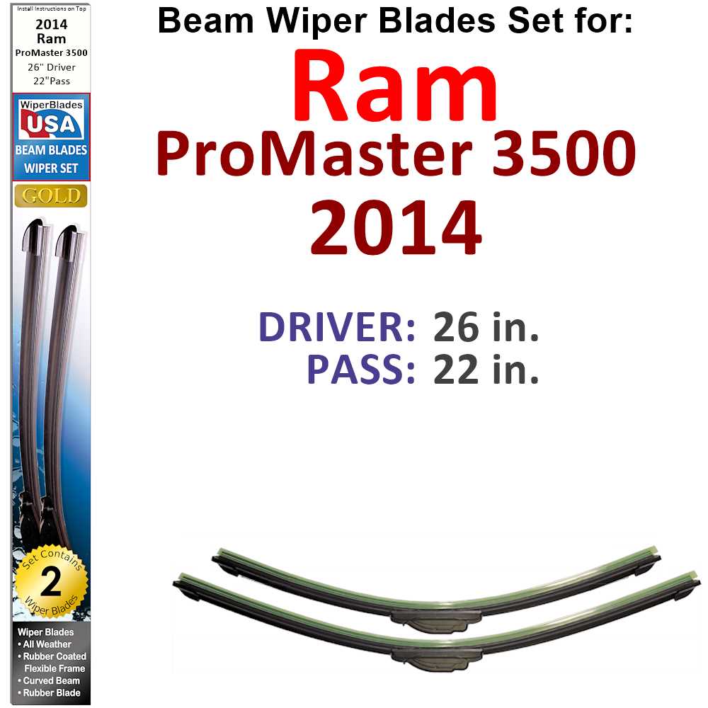 Set of 2 Beam Wiper Blades designed for 2014 Ram ProMaster 3500, showcasing their flexible and durable construction.