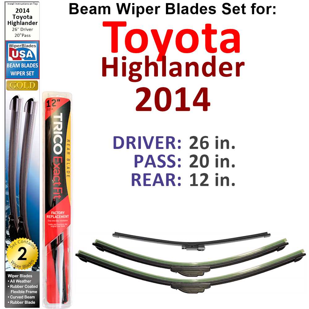 Set of 3 Beam Wiper Blades designed for 2014 Toyota Highlander, showcasing their flexible and durable construction.