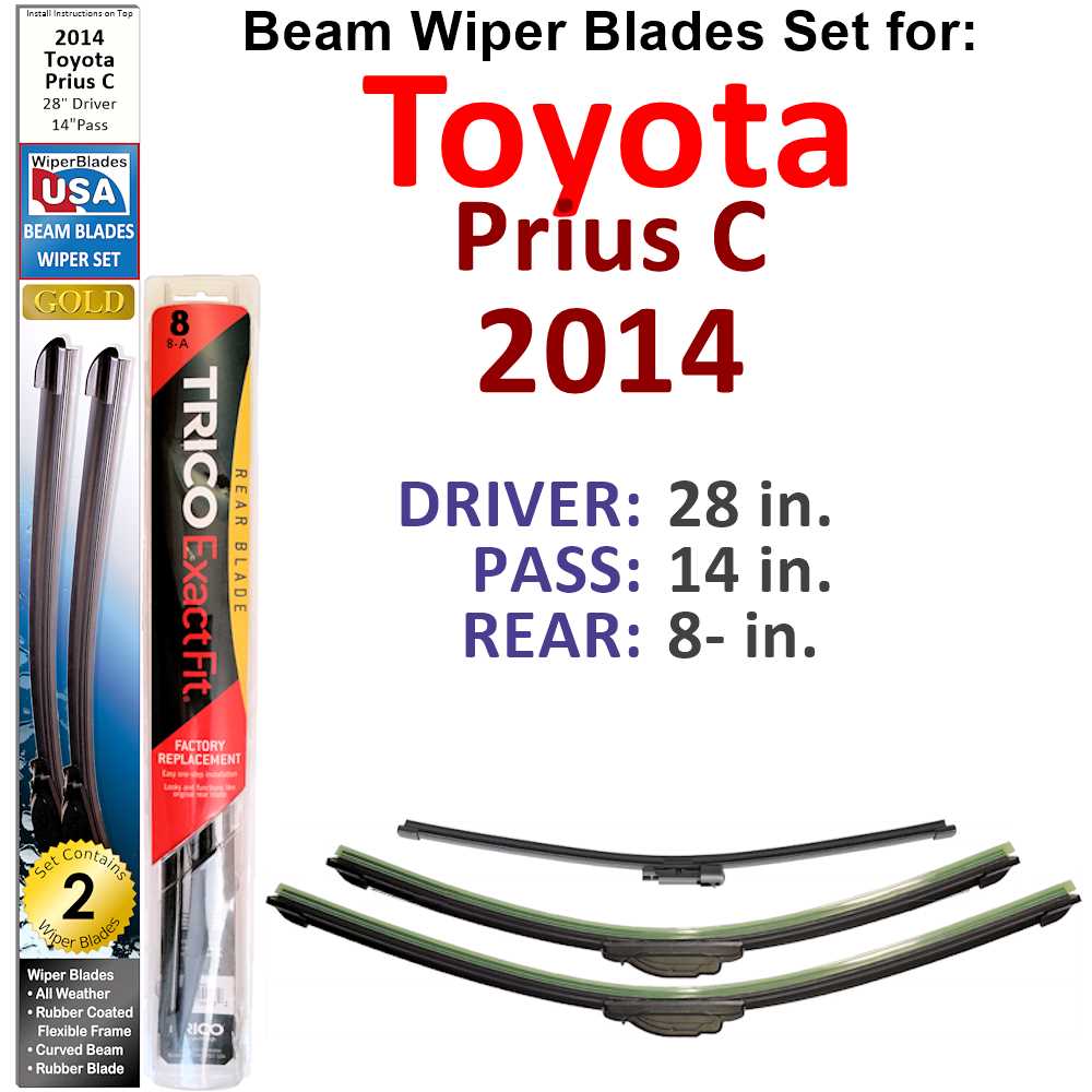 Set of 3 Beam Wiper Blades designed for 2014 Toyota Prius C, showcasing their flexible and sealed design for optimal windshield contact.