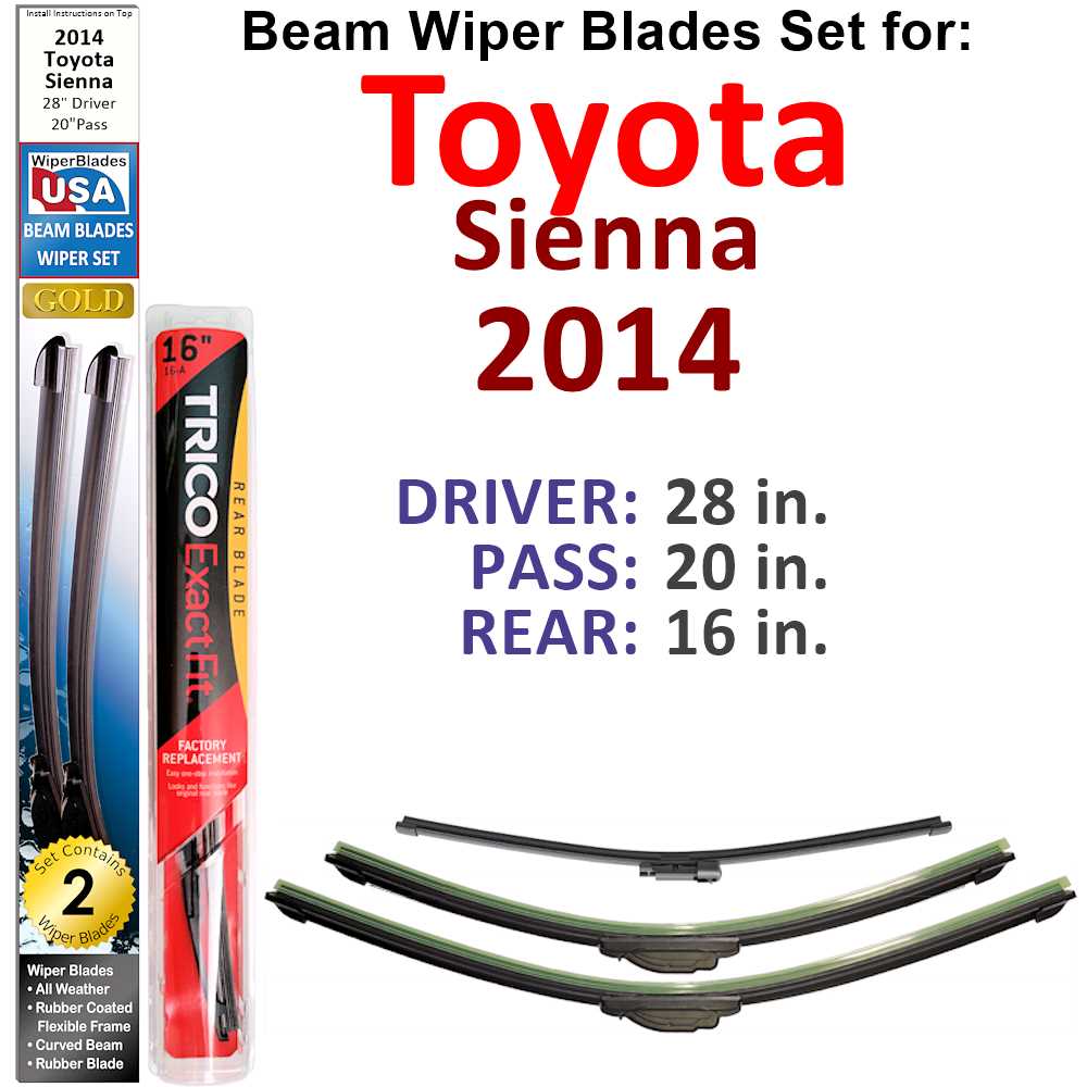 Set of 3 Beam Wiper Blades designed for 2014 Toyota Sienna, showcasing their flexible and durable construction.