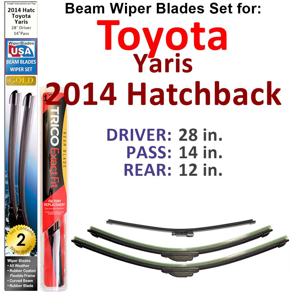 Set of 3 Beam Wiper Blades designed for 2014 Toyota Yaris Hatchback, showcasing their flexible and durable design.