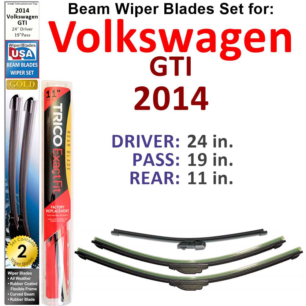 Set of 3 Beam Wiper Blades designed for 2014 Volkswagen GTI, showcasing their flexible and durable construction.