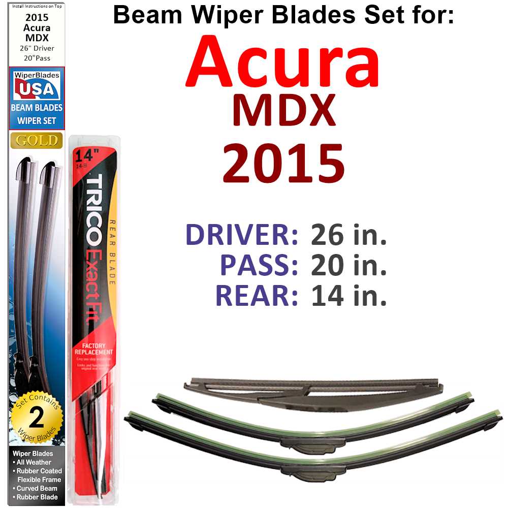 Set of 3 Beam Wiper Blades designed for 2015 Acura MDX, showcasing their flexible and durable construction.