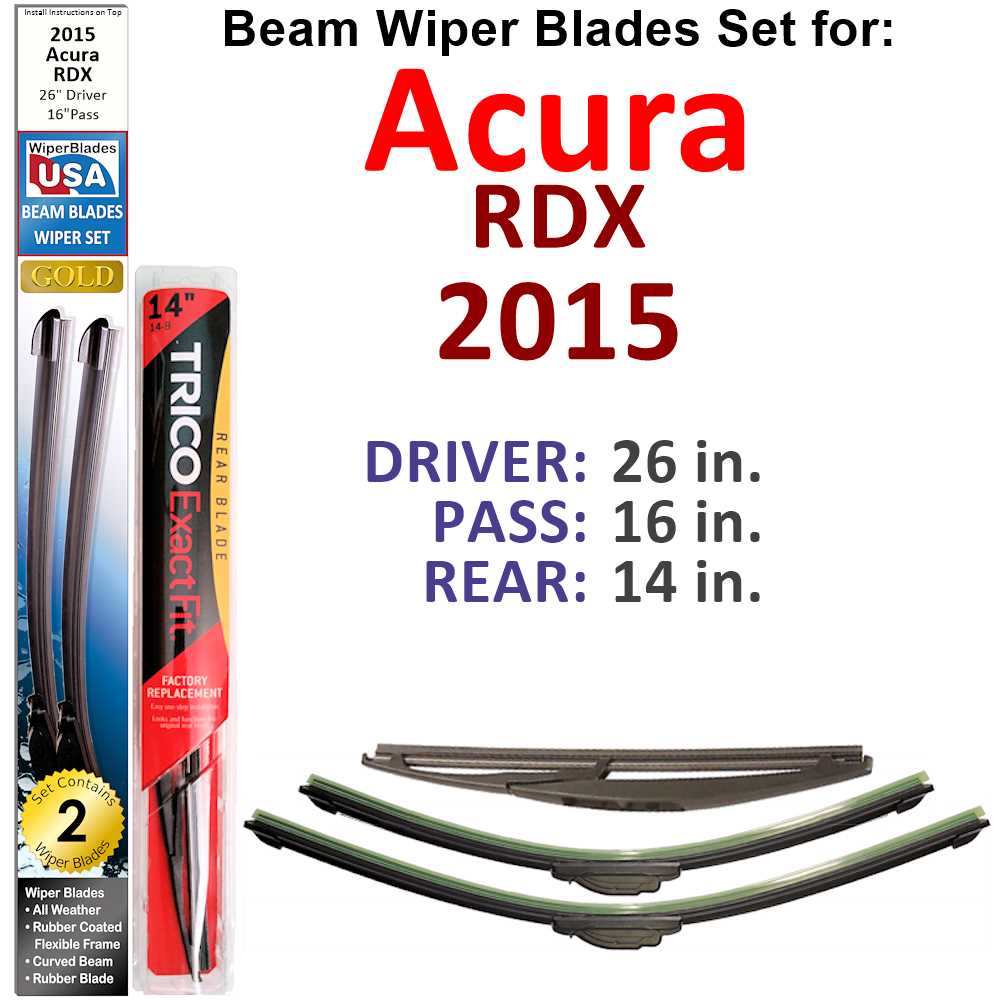 Set of 3 Beam Wiper Blades designed for 2015 Acura RDX, showcasing their flexible and durable construction.