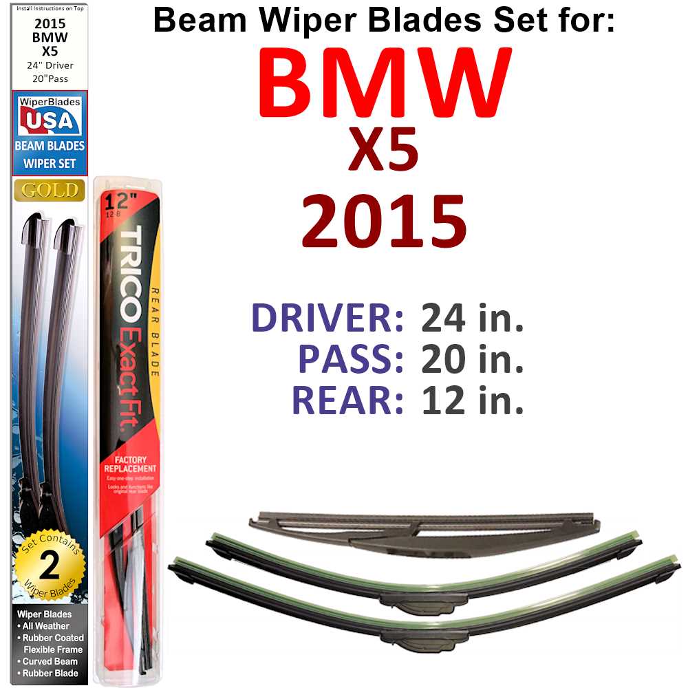 Set of 3 Beam Wiper Blades designed for 2015 BMW X5, showcasing their flexible and durable construction.