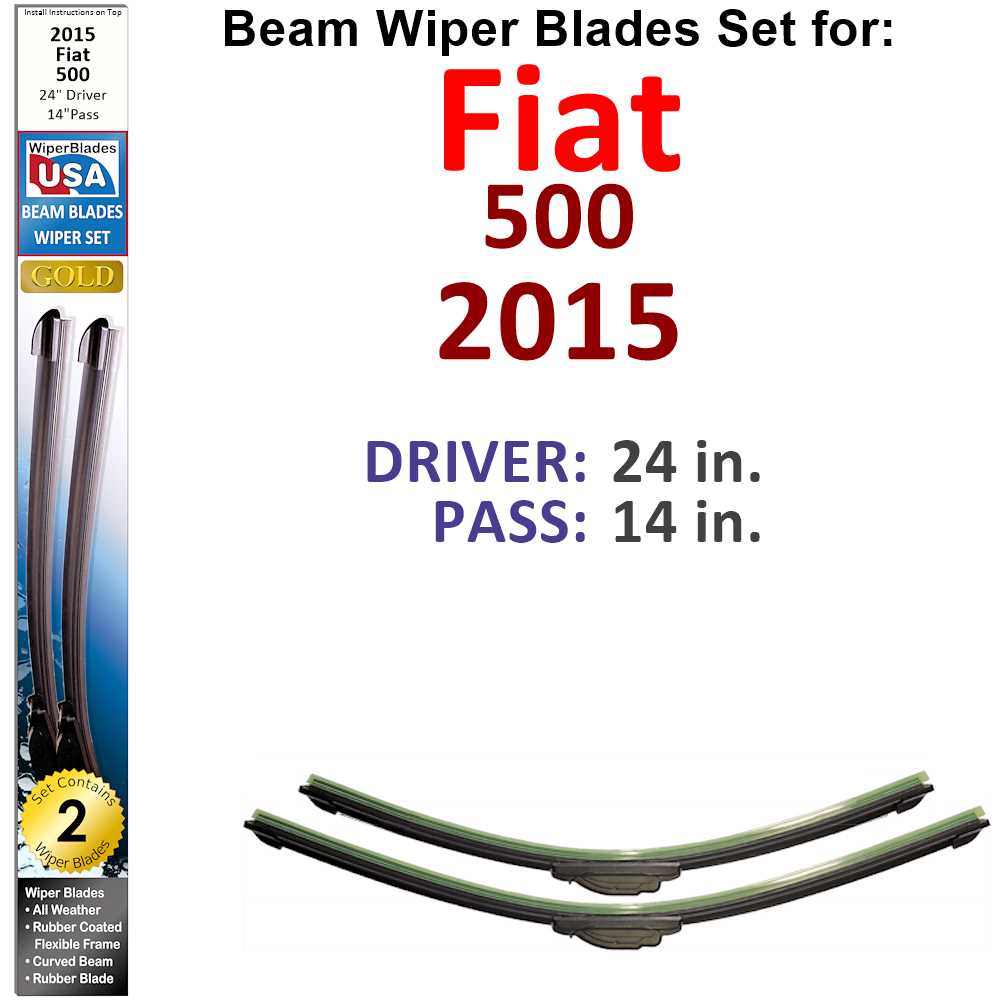 Set of two Beam Wiper Blades designed for 2015 Fiat 500, showcasing their flexible and durable construction.