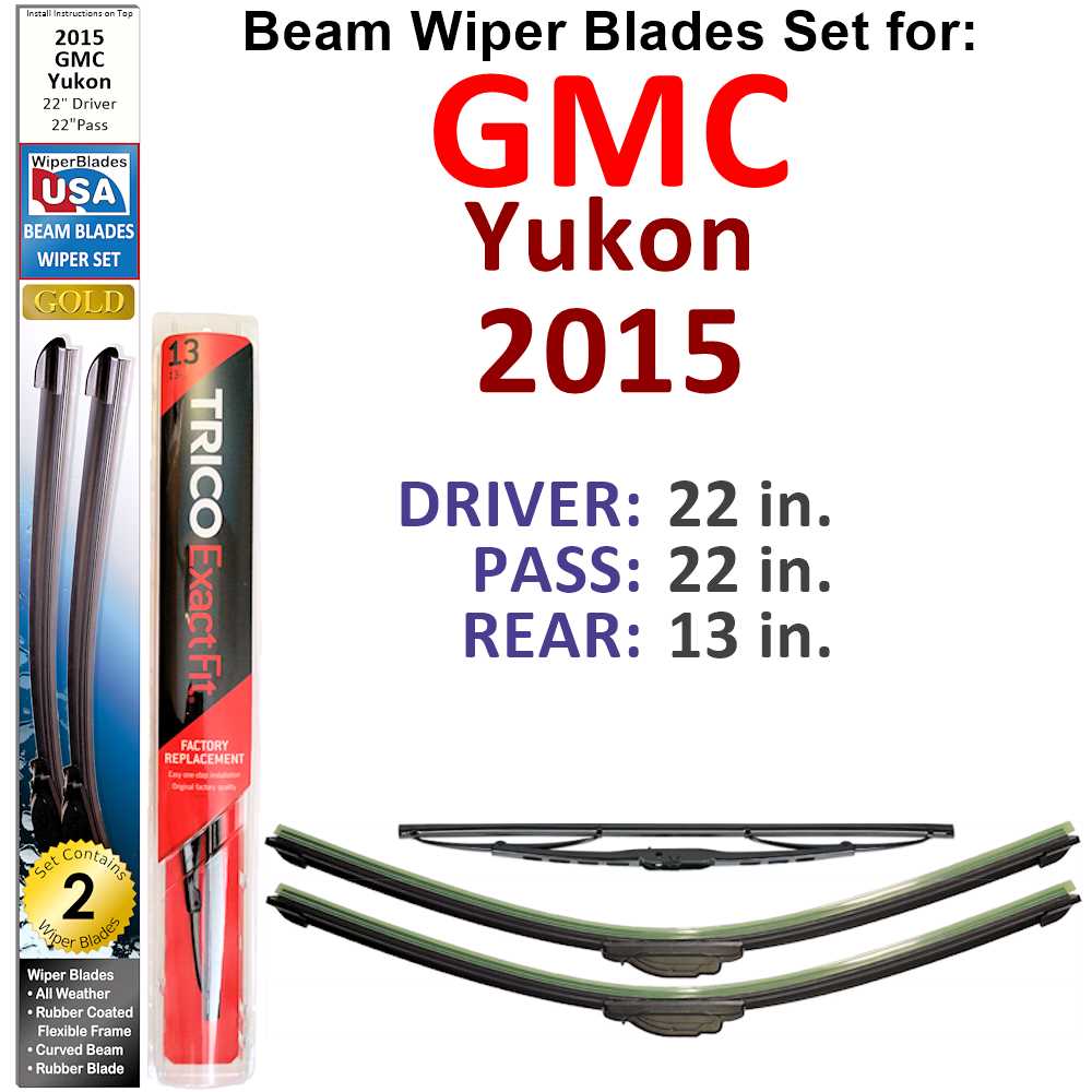 Set of 3 Beam Wiper Blades designed for 2015 GMC Yukon, showcasing their flexible and durable construction.