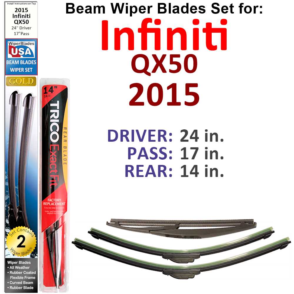 Set of 3 Beam Wiper Blades designed for 2015 Infiniti QX50, showcasing their flexible and sealed construction.