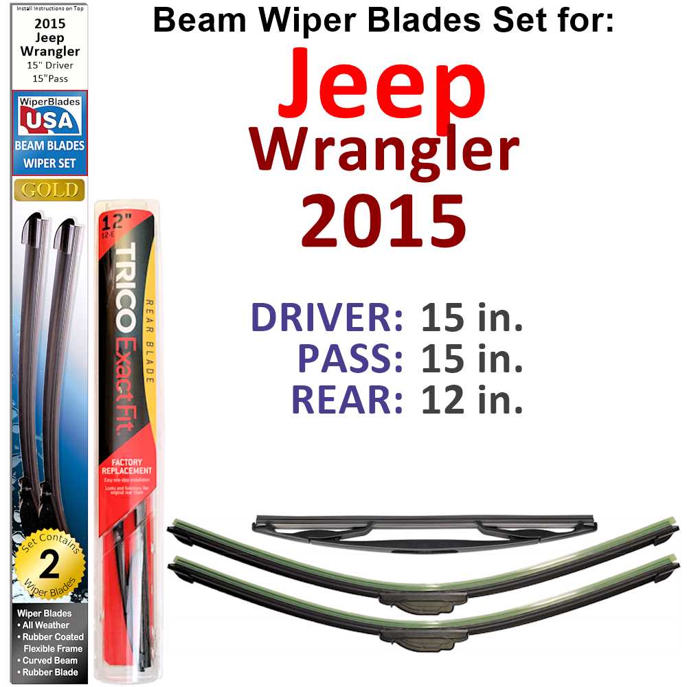 Set of 3 Beam Wiper Blades designed for 2015 Jeep Wrangler, showcasing their flexible and durable construction.