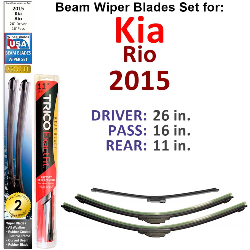 Set of 3 Beam Wiper Blades designed for 2015 Kia Rio, showcasing their flexible and durable construction.