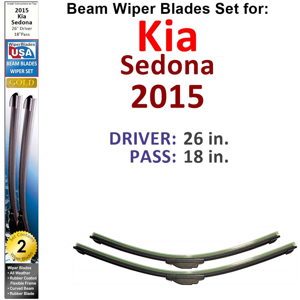 Set of two Beam Wiper Blades designed for 2015 Kia Sedona, showcasing their flexible and low-profile design.