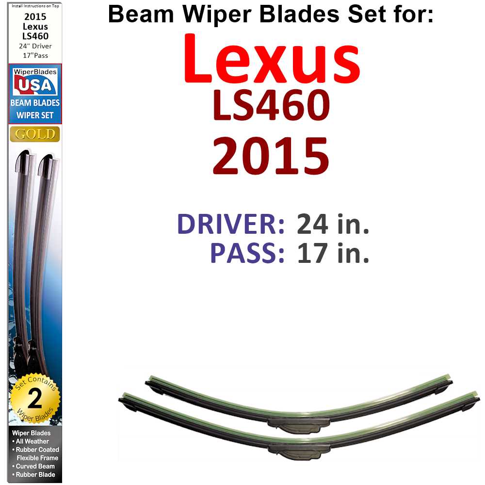 Set of 2 Beam Wiper Blades designed for 2015 Lexus LS460, showcasing their flexible and durable construction.