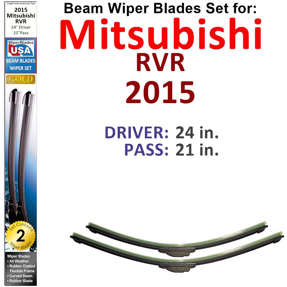 Set of 2 Beam Wiper Blades for 2015 Mitsubishi RVR, showcasing their flexible design and durable rubber construction.