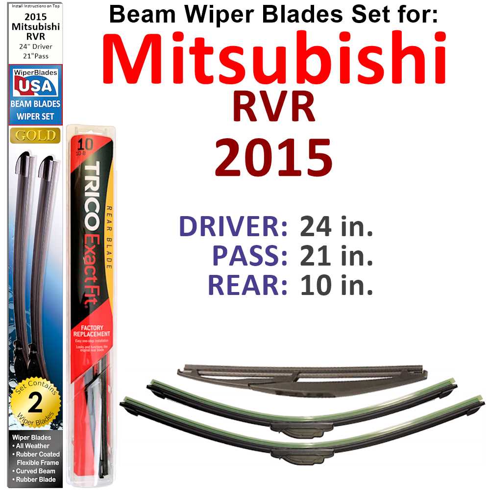 Set of 3 Beam Wiper Blades designed for 2015 Mitsubishi RVR, showcasing their flexible and durable construction.