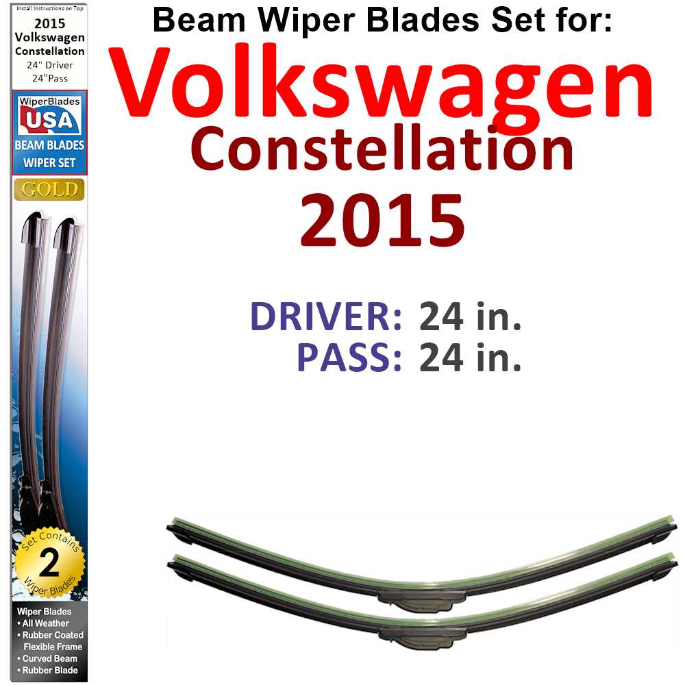 Set of 2 Beam Wiper Blades designed for 2015 Volkswagen Constellation, showcasing their flexible and durable design.