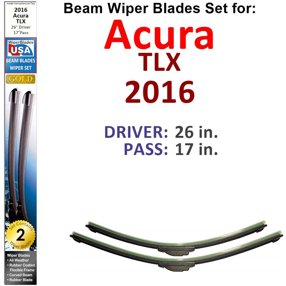 Set of two Beam Wiper Blades designed for 2016 Acura TLX, showcasing their flexible and durable construction.