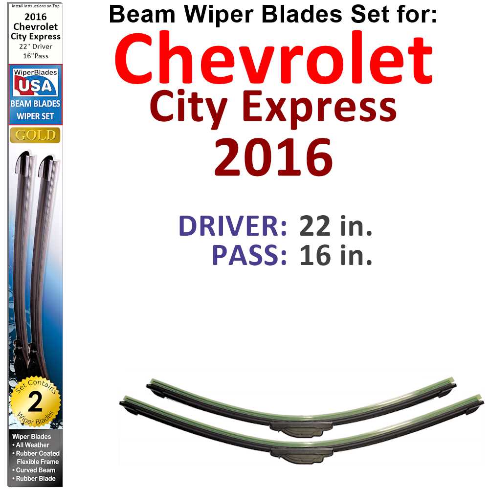 Set of two Beam Wiper Blades designed for 2016 Chevrolet City Express, showcasing their flexible and durable construction.