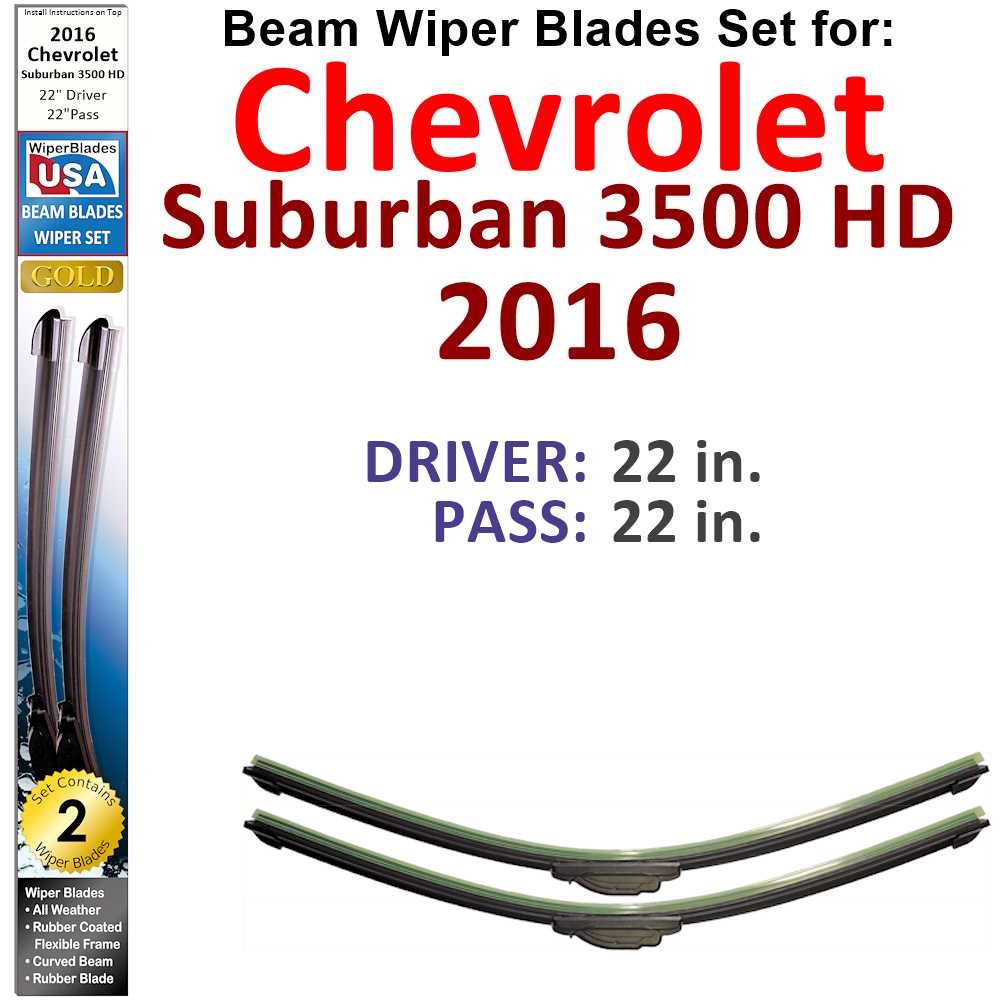 Set of two Beam Wiper Blades designed for 2016 Chevrolet Suburban 3500 HD, showcasing their flexible and durable construction.