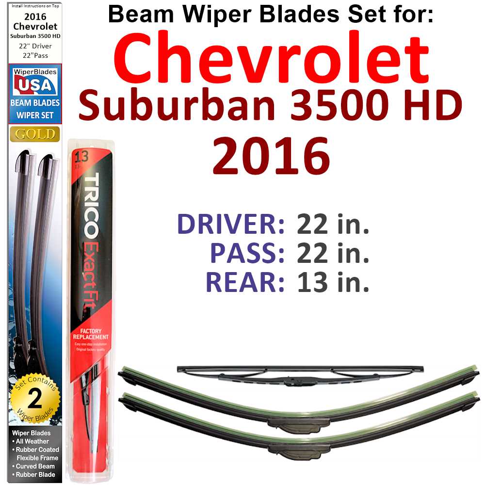 Set of 3 Beam Wiper Blades designed for 2016 Chevrolet Suburban 3500 HD, showcasing their flexible and durable construction.