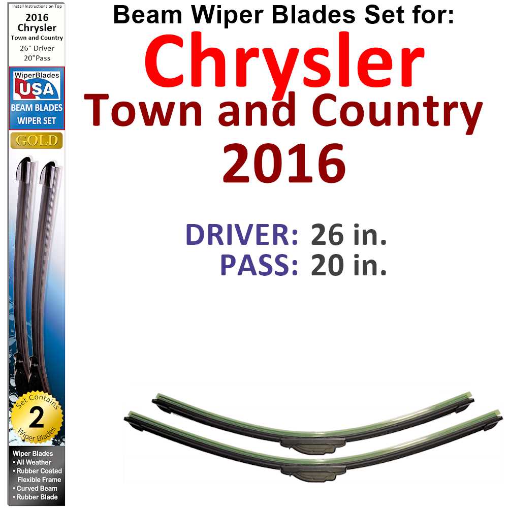 Set of 2 Beam Wiper Blades designed for 2016 Chrysler Town and Country, showcasing their flexible and durable design.