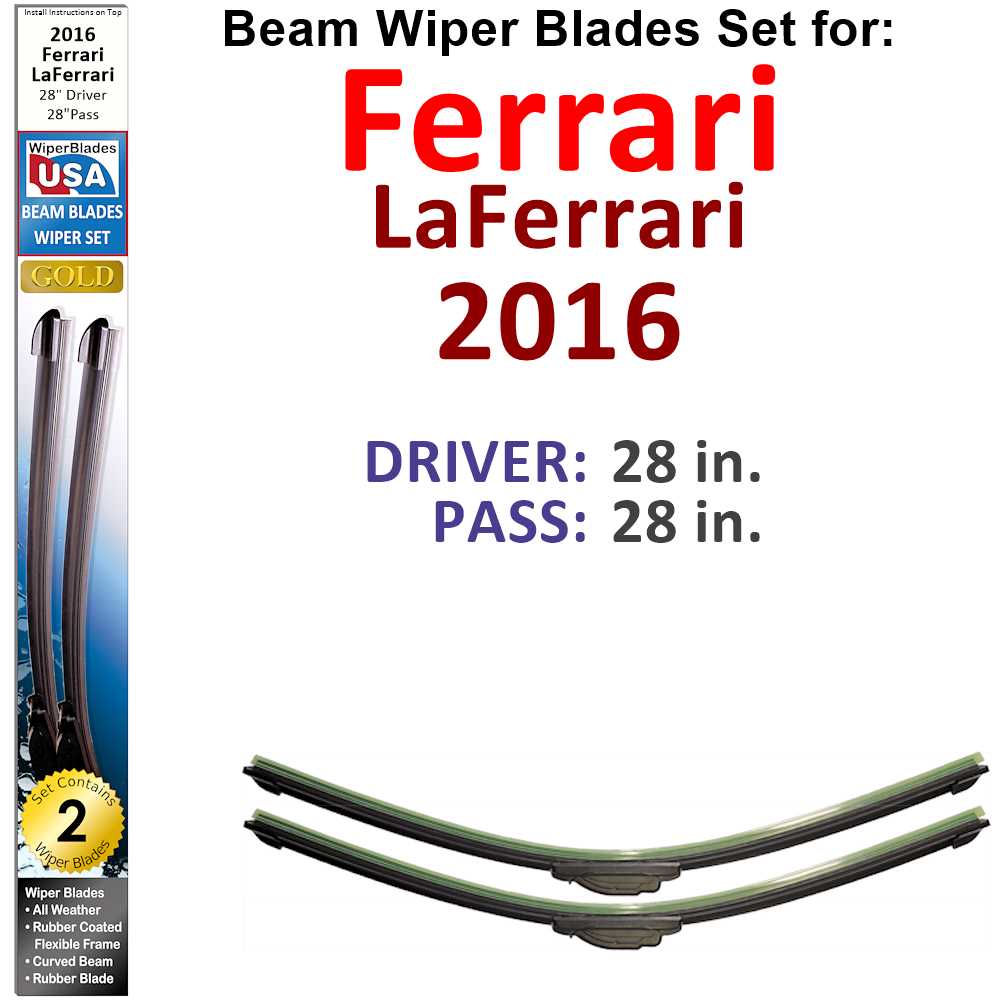 Set of 2 Beam Wiper Blades designed for 2016 Ferrari LaFerrari, showcasing their sleek design and durable construction.