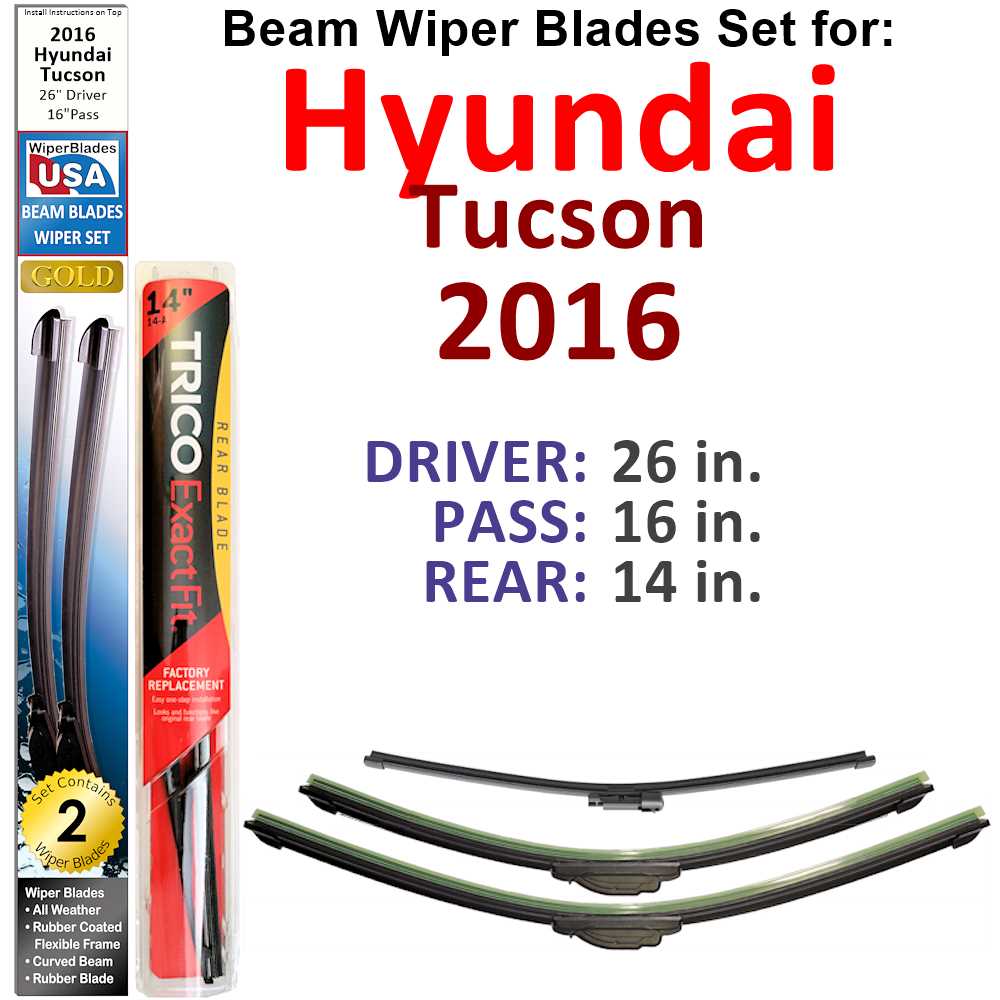 Set of 3 Beam Wiper Blades designed for 2016 Hyundai Tucson, showcasing their flexible and durable design.