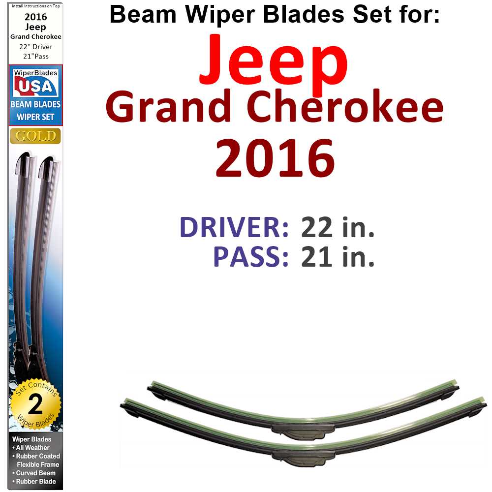 Set of two Beam Wiper Blades designed for 2016 Jeep Grand Cherokee, showcasing their flexible and durable construction.