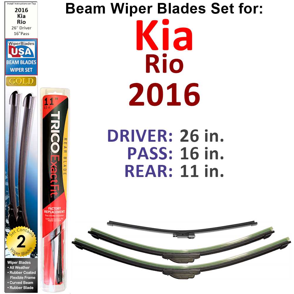 Set of 3 Beam Wiper Blades designed for 2016 Kia Rio, showcasing their flexible and durable construction.