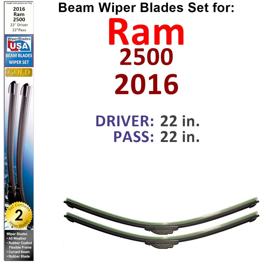 Set of two Beam Wiper Blades designed for 2016 Ram 2500, showcasing their flexible beam design and durable rubber construction.