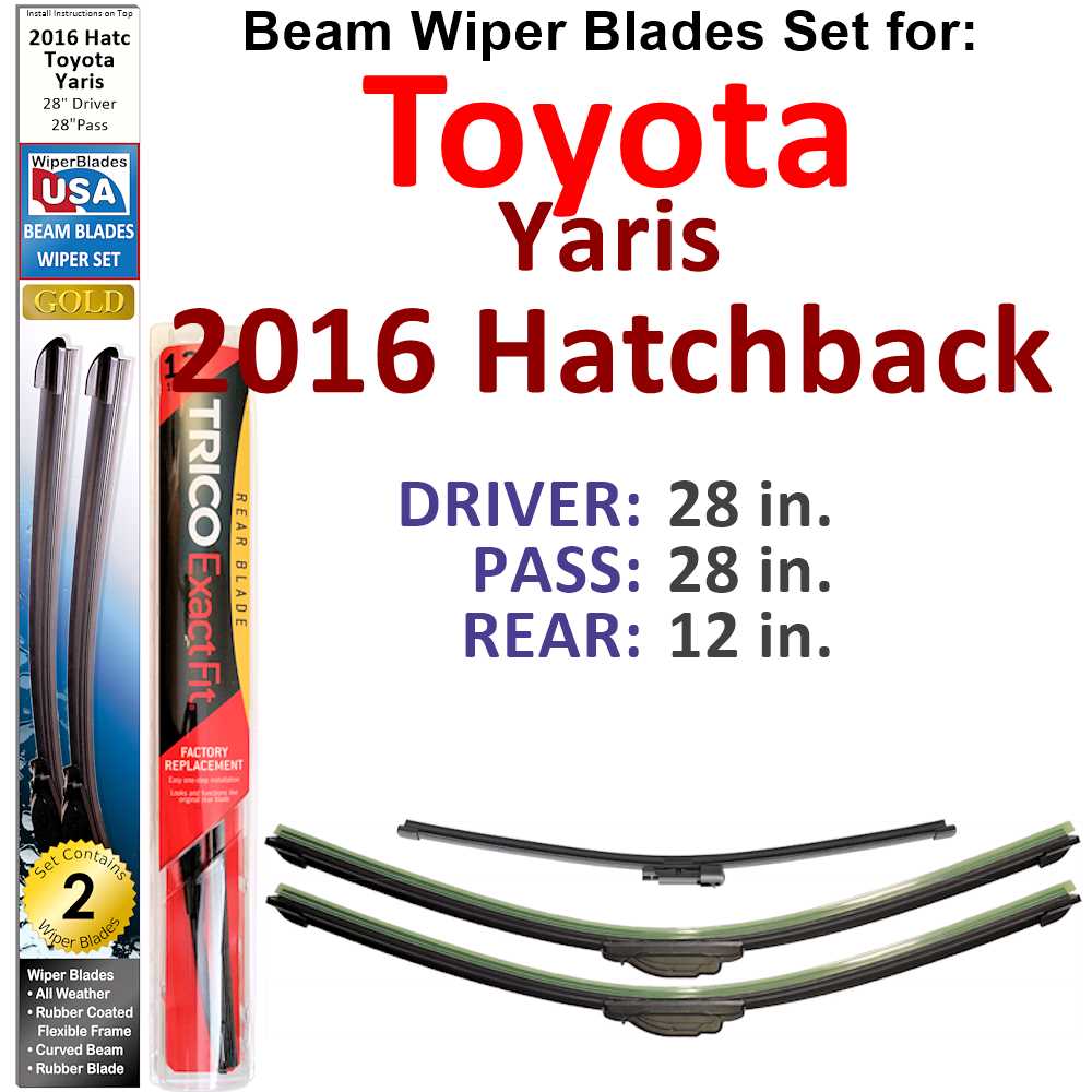 Set of 3 Beam Wiper Blades designed for 2016 Toyota Yaris Hatchback, showcasing their flexible and durable construction.