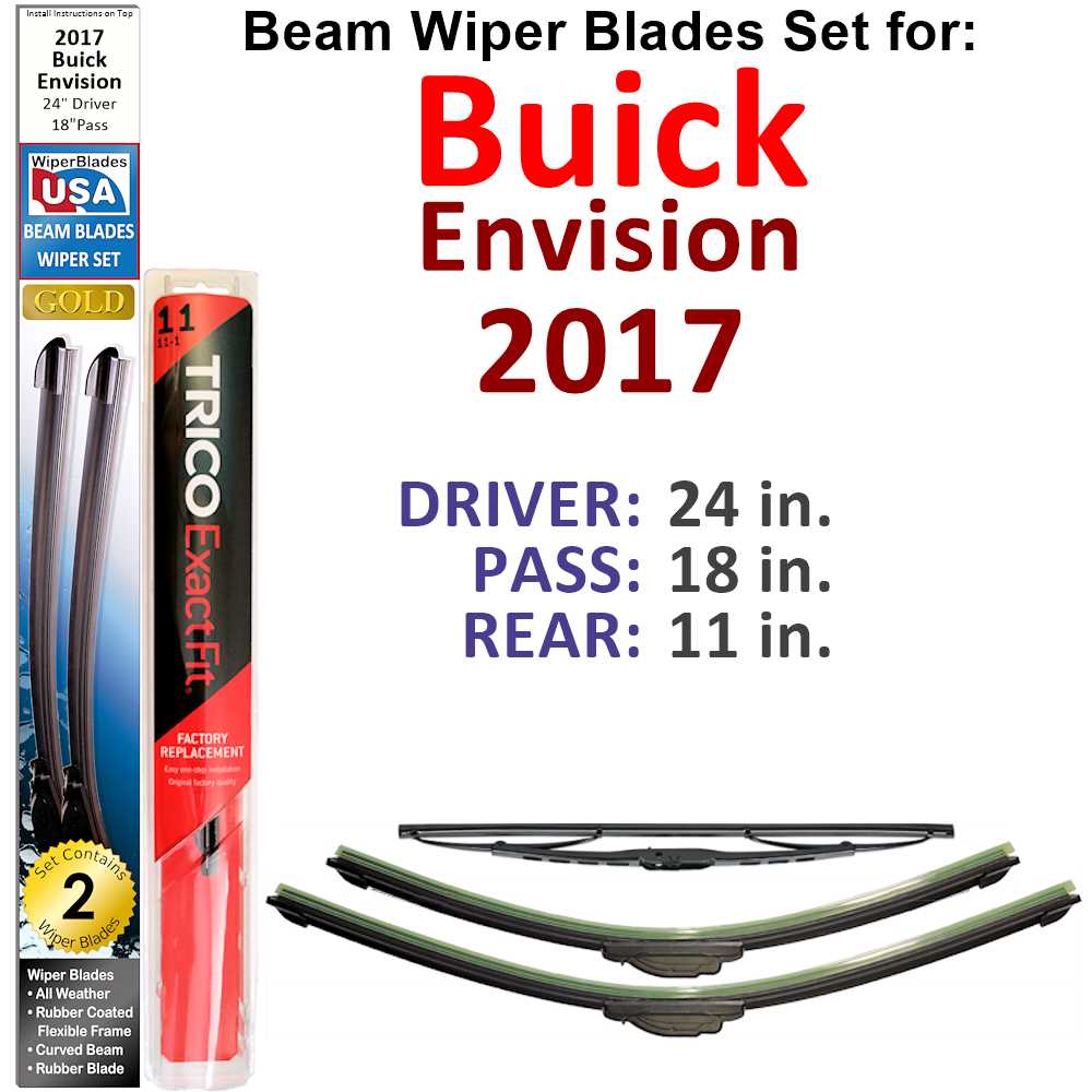 Set of 3 Beam Wiper Blades designed for 2017 Buick Envision, showcasing their flexible and durable construction.